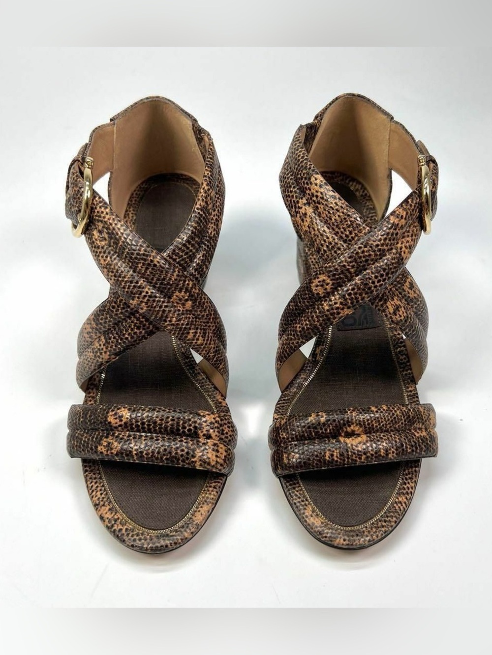 RARE Salvatore Ferragamo Brown Snakeskin Crisscross Strap Heels size 6 to 6.5